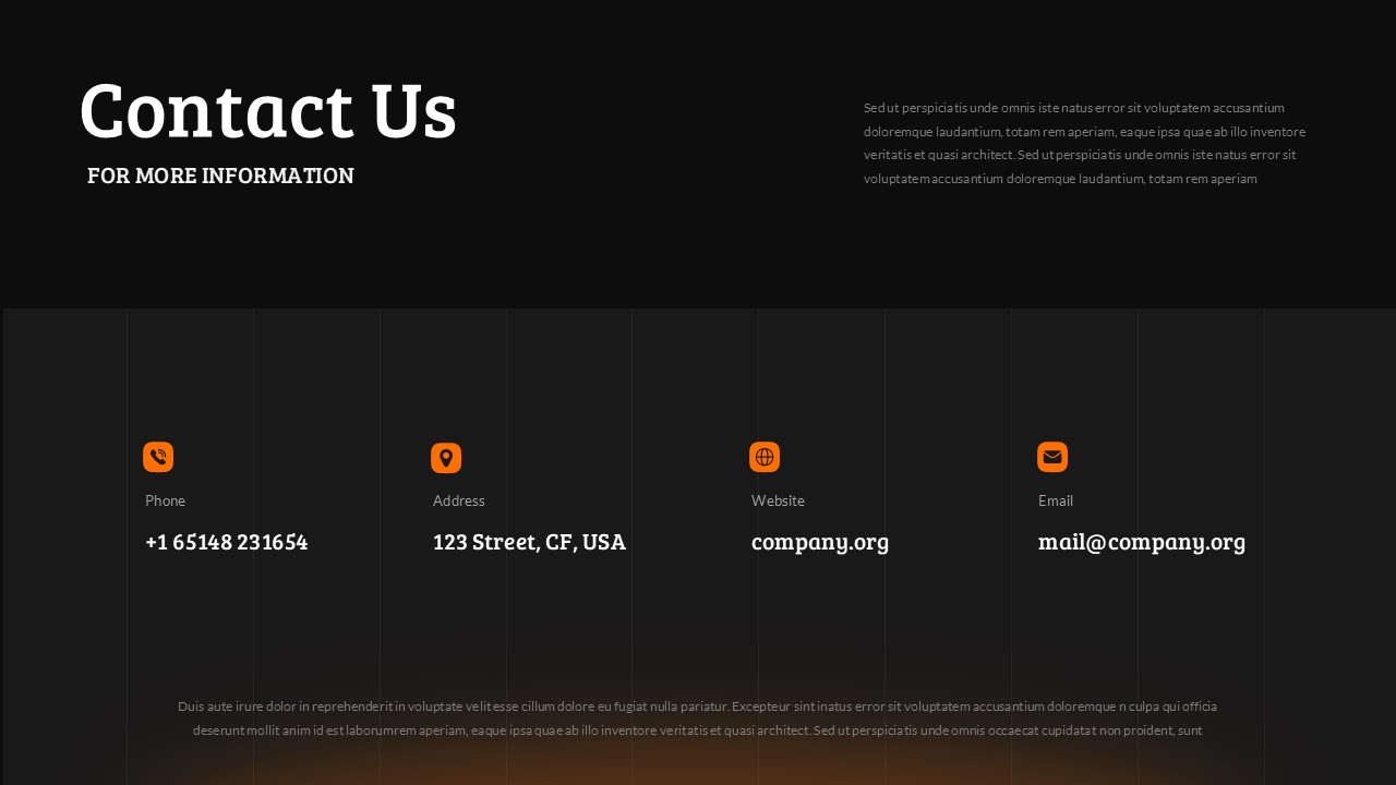 Contact information slide with four-column grid showing phone, address, website, and email details