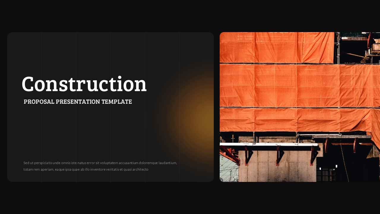 Introduction slide with construction site image and subtitle text on dark background with orange accents