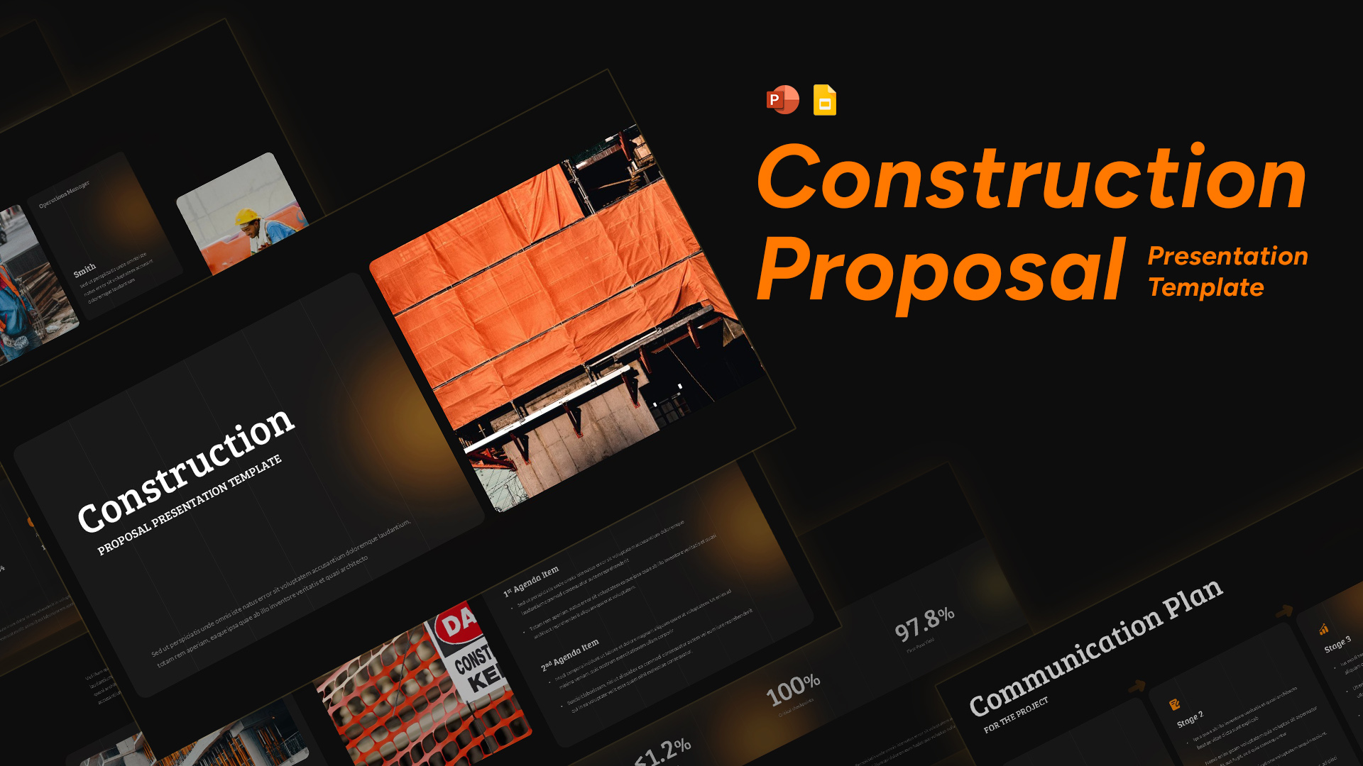 Construction proposal template cover slide - dark theme with orange title text and construction site photo
