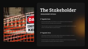 Stakeholder engagement slide with agenda format and construction safety netting background image
