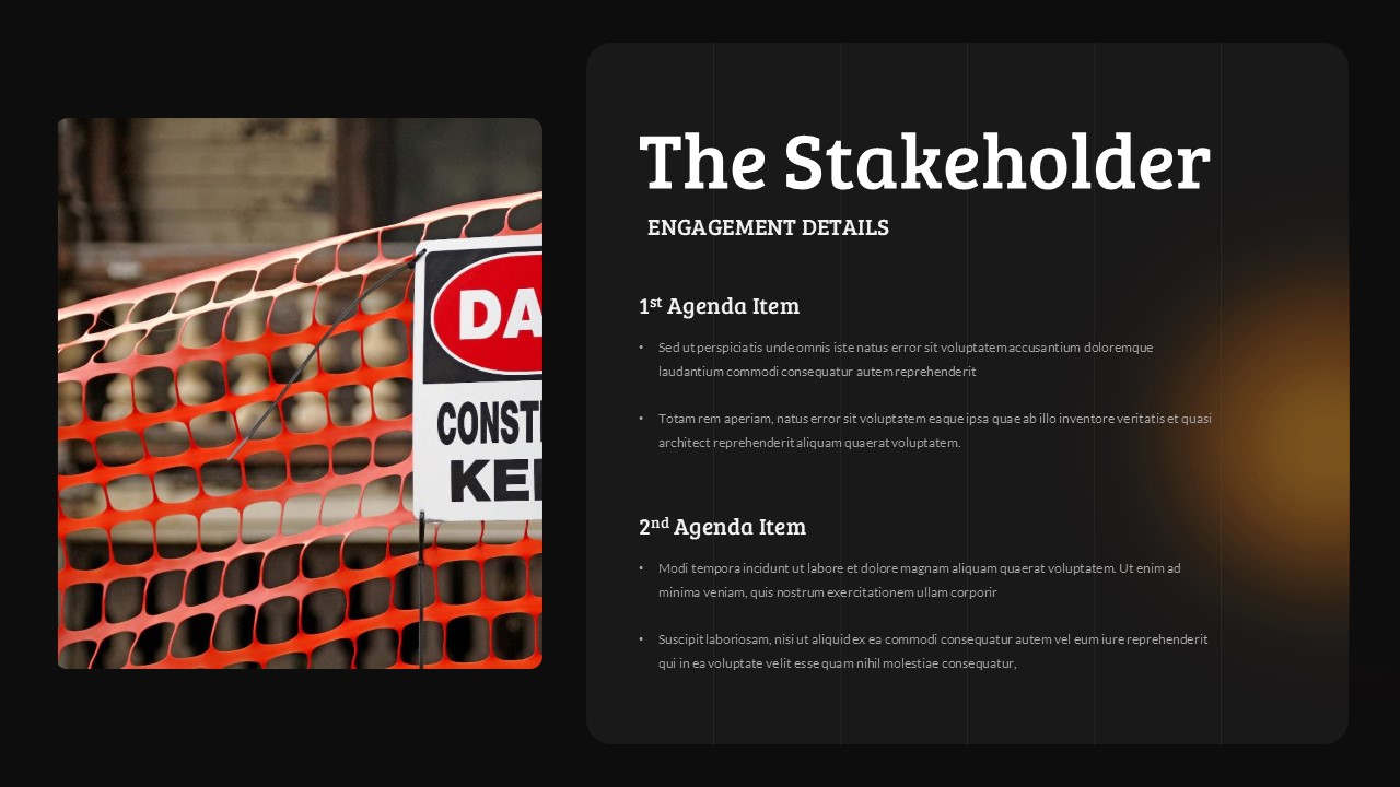 Stakeholder engagement slide with agenda format and construction safety netting background image
