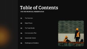Table of contents slide listing 6 numbered sections with construction worker photo on dark background