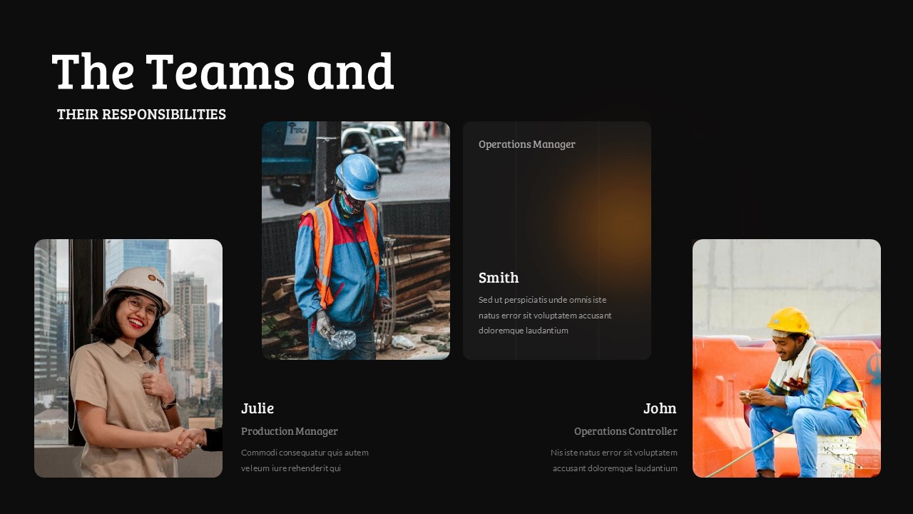 Team responsibilities slide displaying three team member profiles with photos and role titles