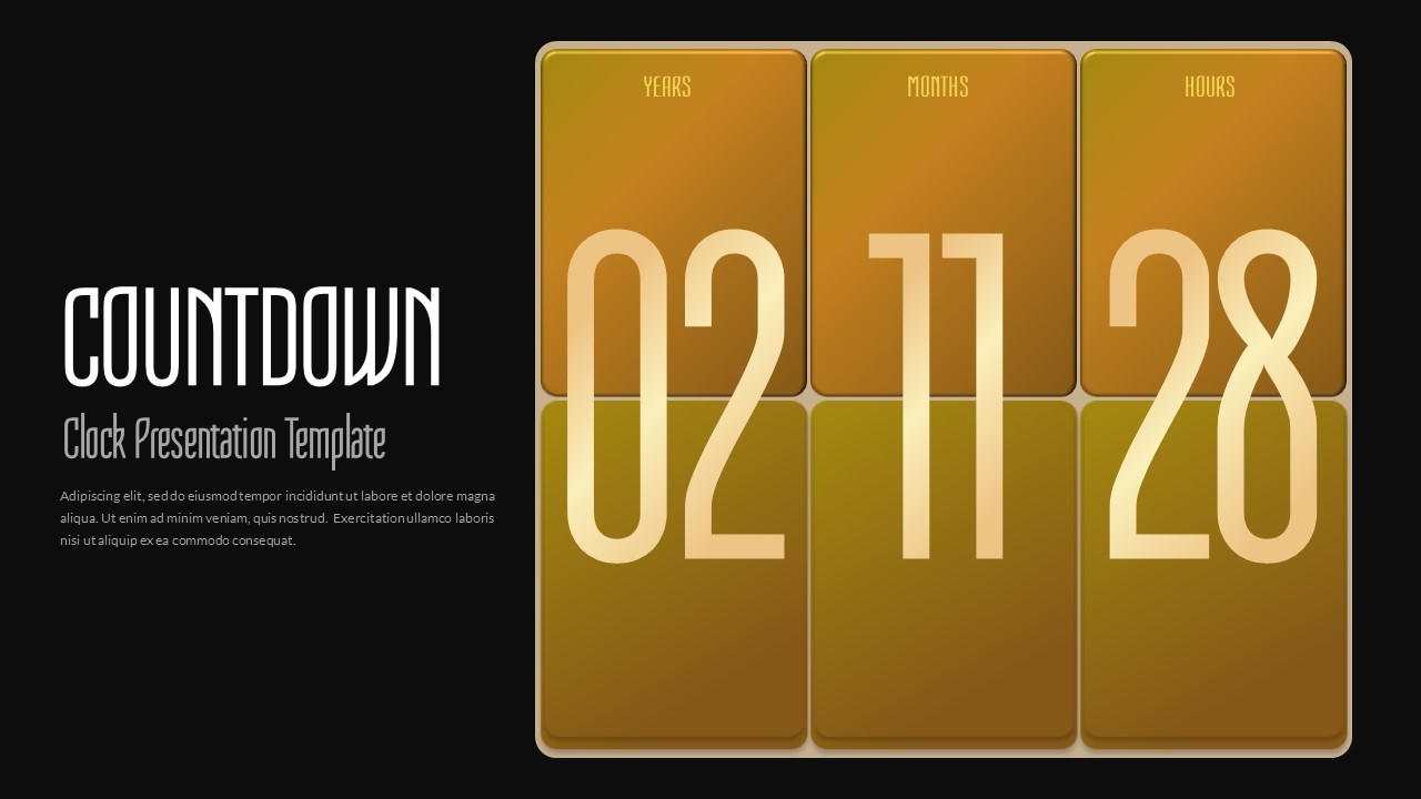 Dark countdown timer slide template with digital clock display panels