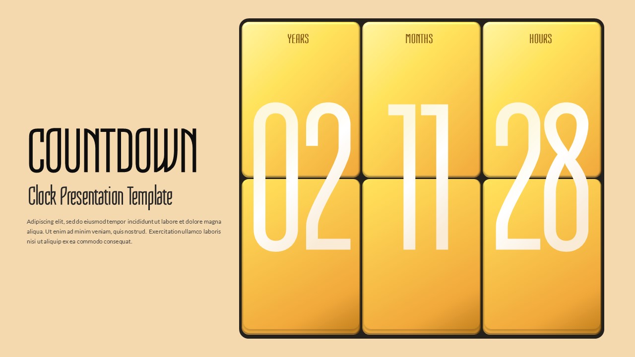 Countdown clock PowerPoint template with digital timer showing years, months, hours