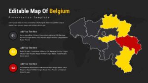 Dark theme Belgium map template for PowerPoint with numbered sections and highlighted provinces for geographic presentations