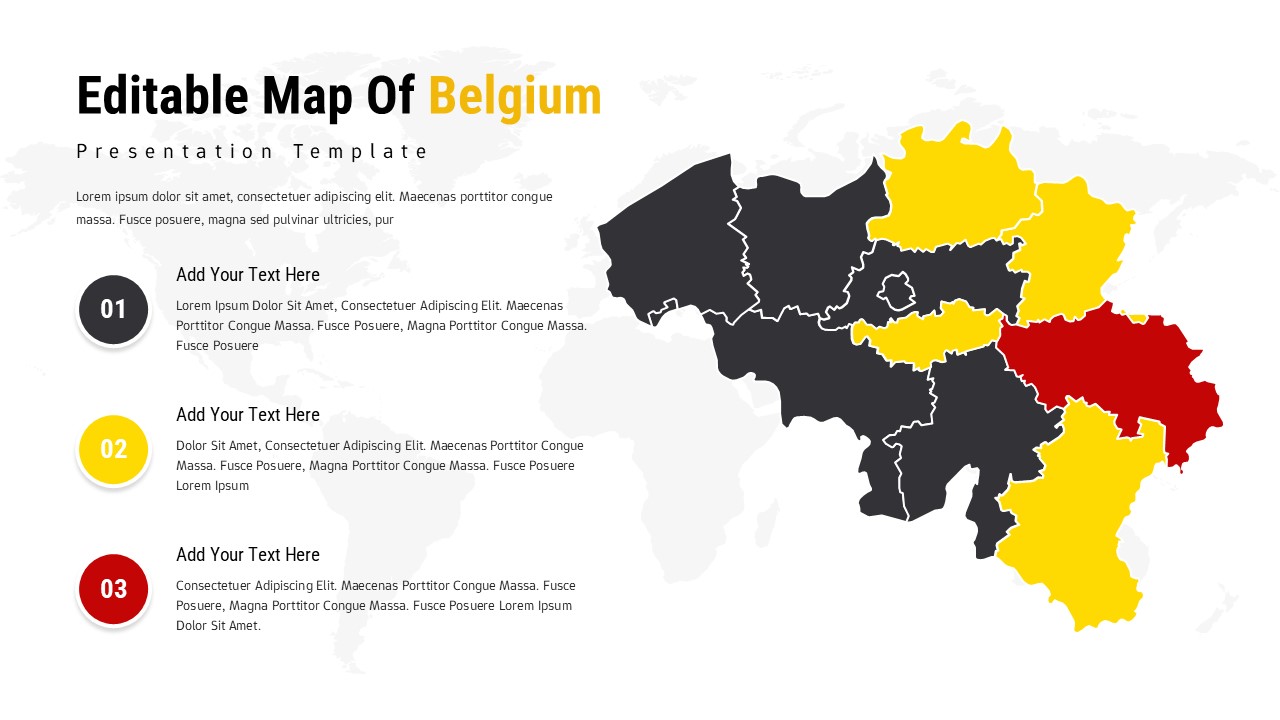 Editable Belgium map PowerPoint template with light theme, 3 text sections and color-coded regions for business presentations