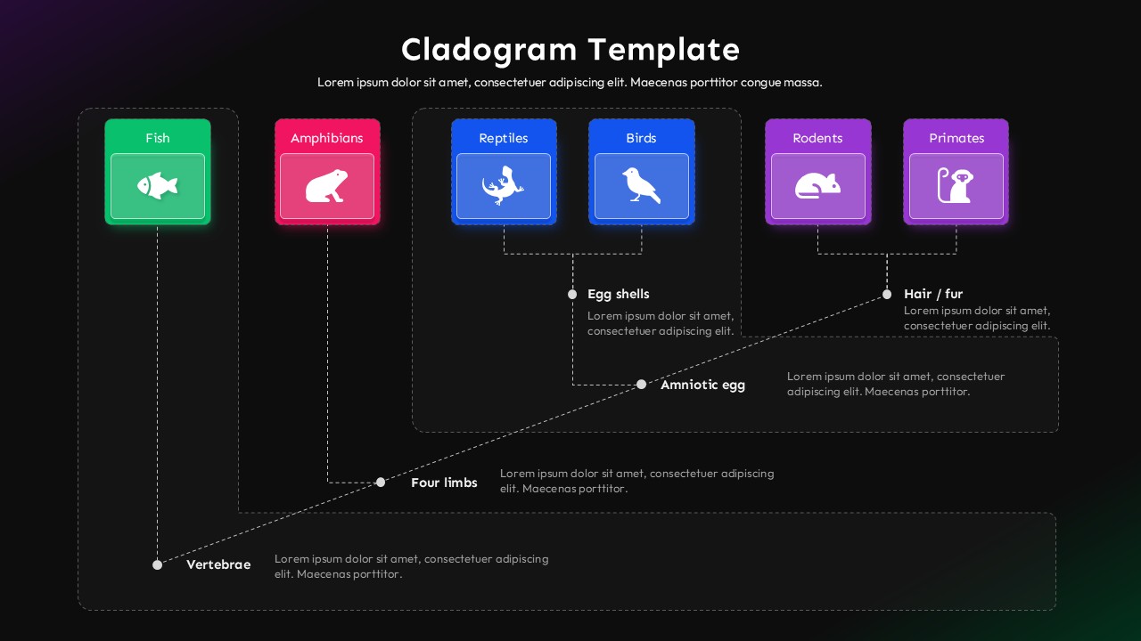 Dark theme cladogram template for PowerPoint and Google Slides with phylogenetic tree and species evolution diagram