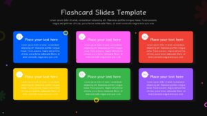 Dark theme flashcard template with 6 colorful numbered cards on black background - same colors with yellow highlights