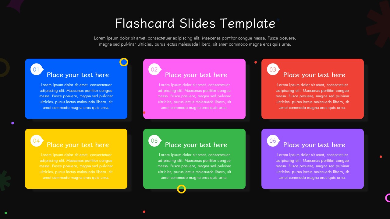Dark theme flashcard template with 6 colorful numbered cards on black background - same colors with yellow highlights