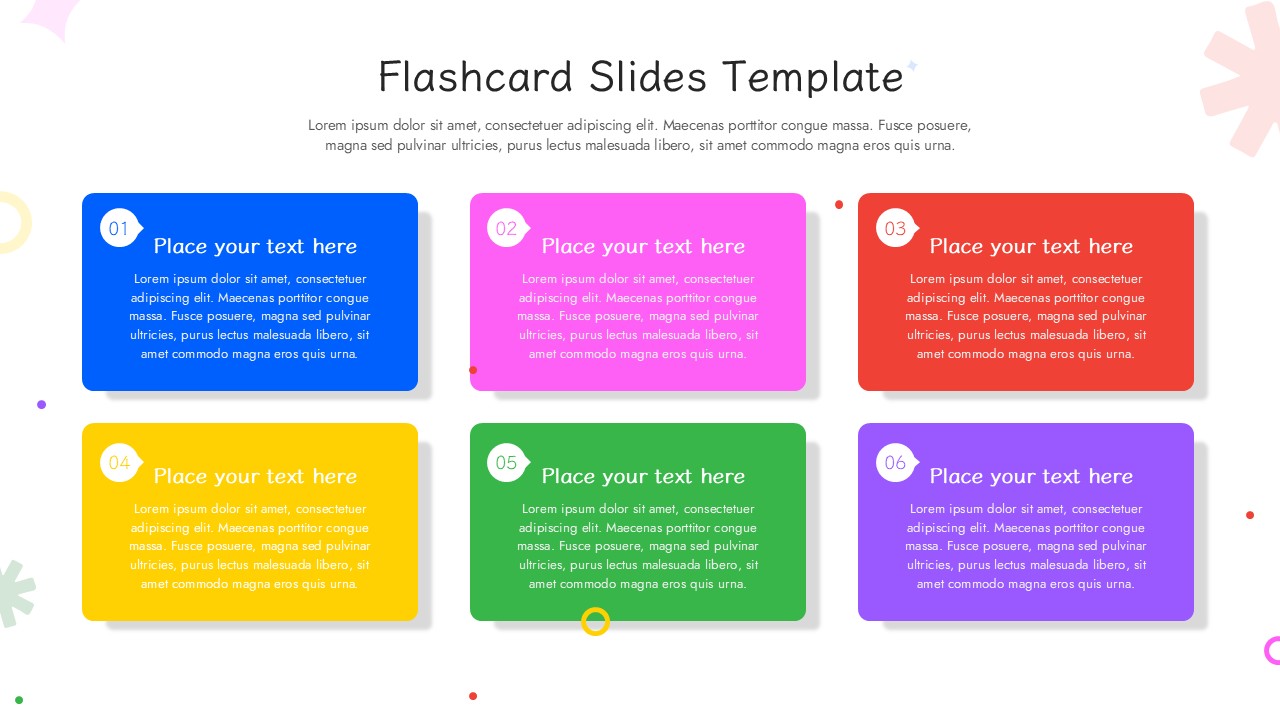Flashcard template with 6 colorful numbered cards on light background - blue, pink, orange, yellow, green, purple