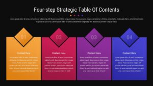 Dark-themed 4-step process template ideal for dramatic executive presentations and high-impact strategic reveals