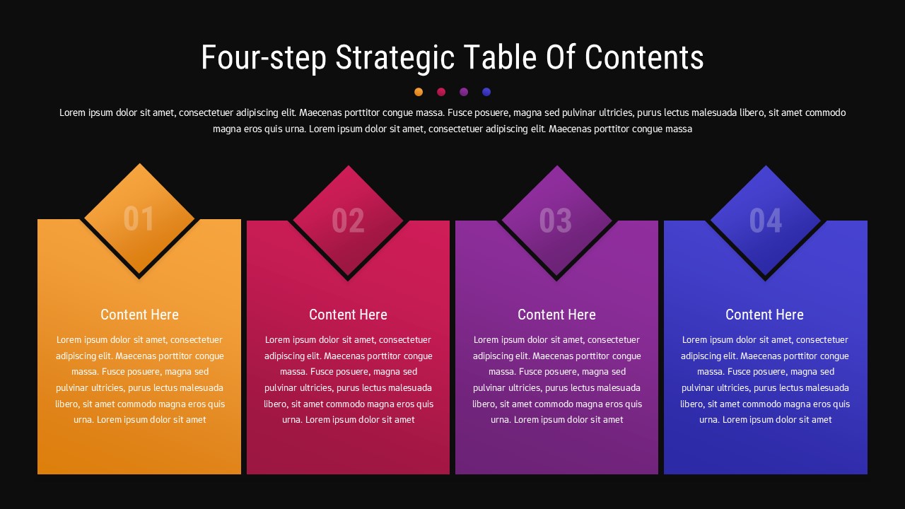 Dark-themed 4-step process template ideal for dramatic executive presentations and high-impact strategic reveals