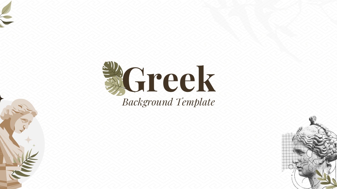 Greek cultural PowerPoint template with classical statue and minimalist design for educational presentations