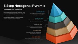 Professional training slide with 5-tier hexagonal pyramid process on dramatic dark background for executive presentations