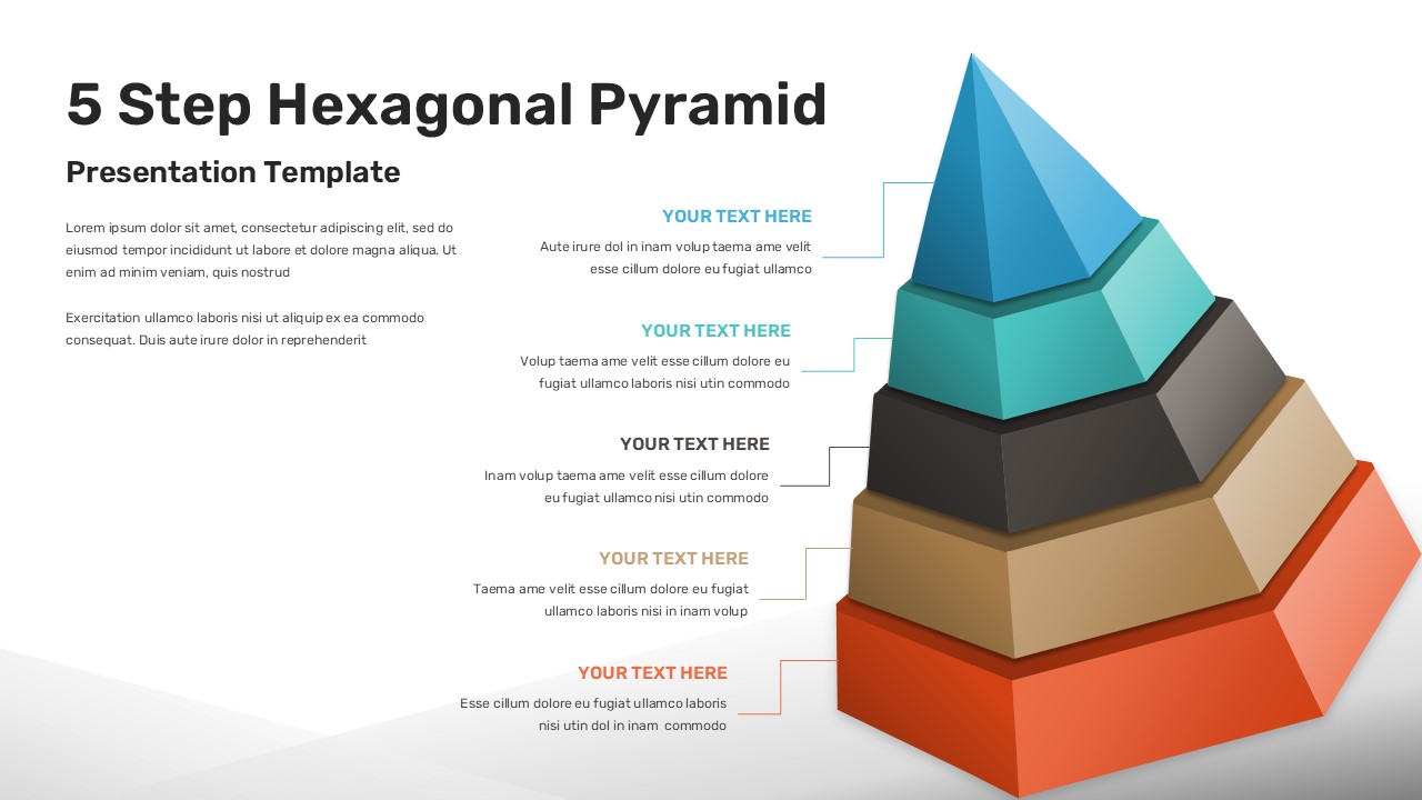 Business consultant presenting 5-step strategic framework using 3D hexagonal pyramid on light background slide template
