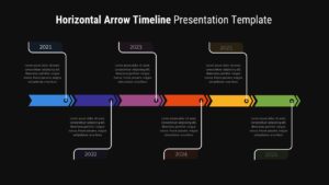 Dark version of horizontal arrow timeline template with same 6-segment layout and vibrant colors on black background