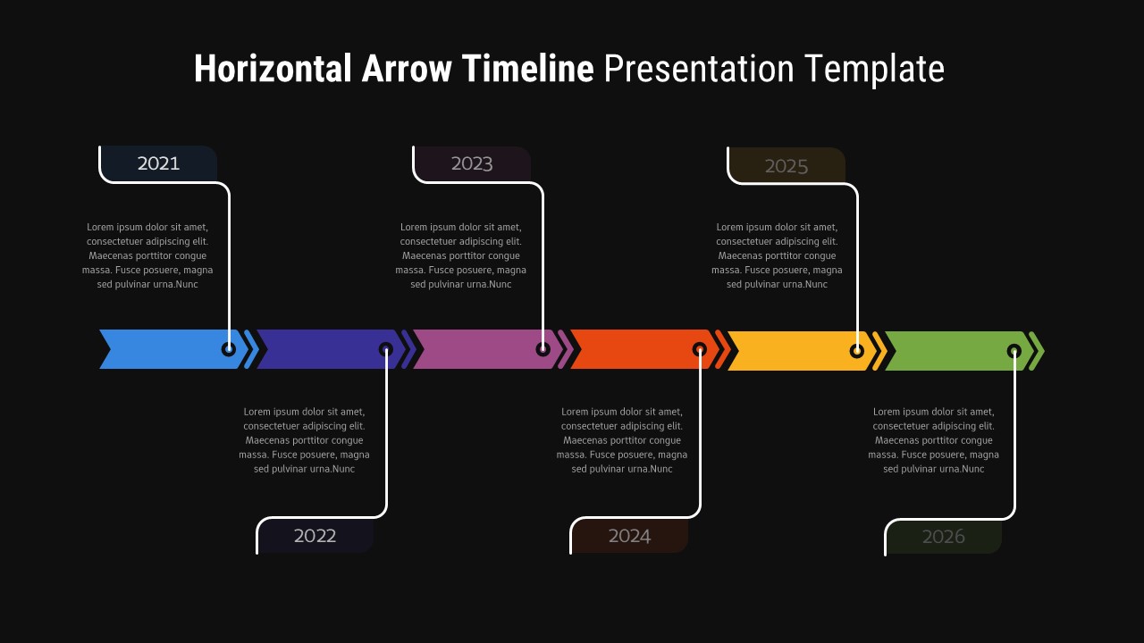 Dark version of horizontal arrow timeline template with same 6-segment layout and vibrant colors on black background