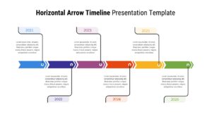 Horizontal arrow timeline PowerPoint template with 6 colorful connected segments from 2021-2026 on light background