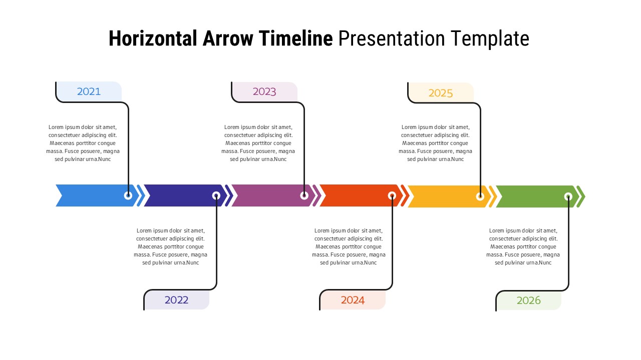 Horizontal arrow timeline PowerPoint template with 6 colorful connected segments from 2021-2026 on light background