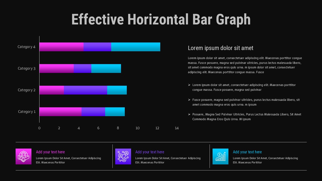 Dark theme horizontal bar chart template with same 4-category layout, bright colored bars on black background with white text