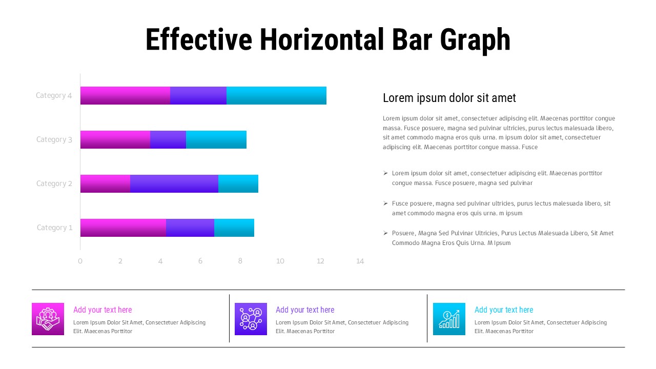 Horizontal bar chart PowerPoint template with 4 categories, colorful segmented bars, and text placeholders on white background