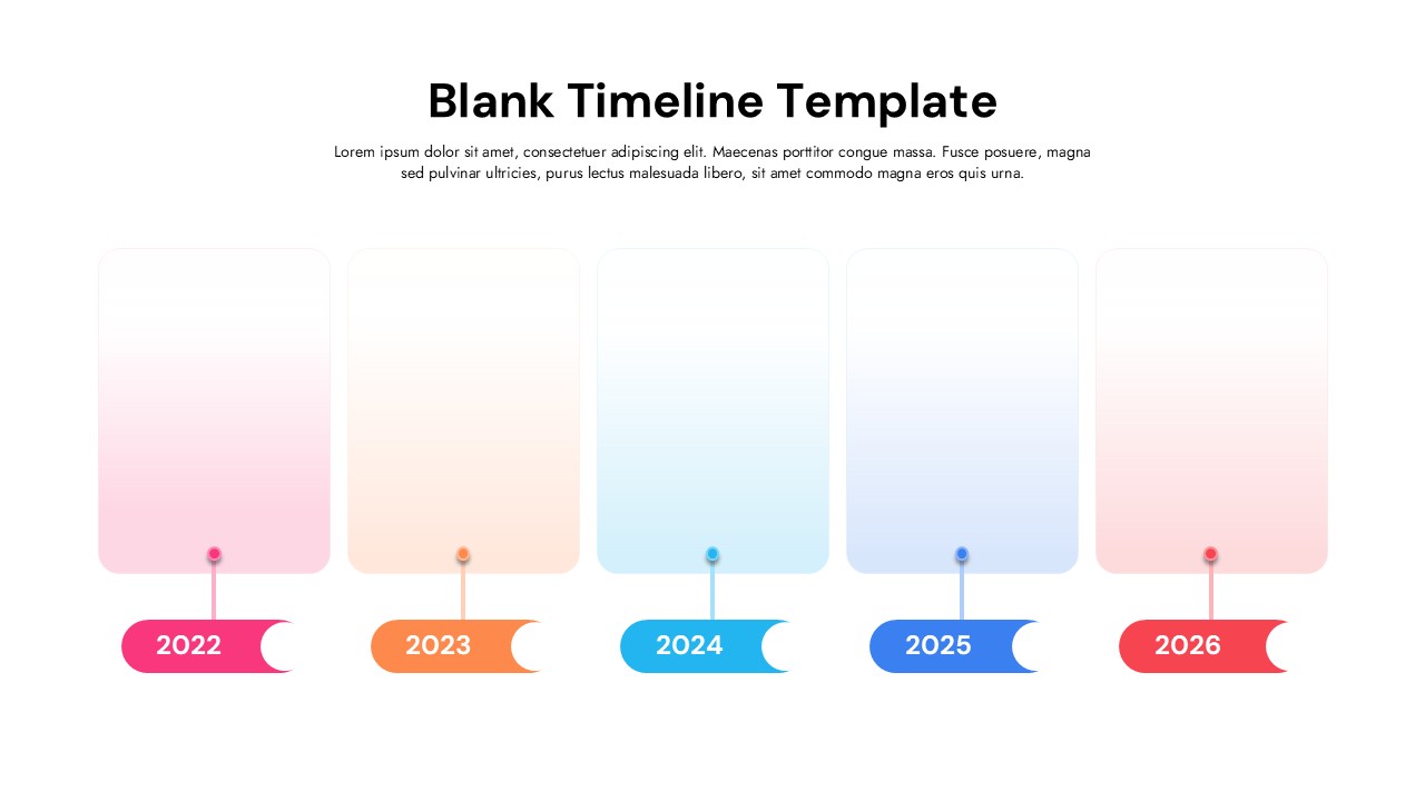 Light timeline template showing 5-year roadmap from 2022-2026 with colorful milestone boxes for strategic planning