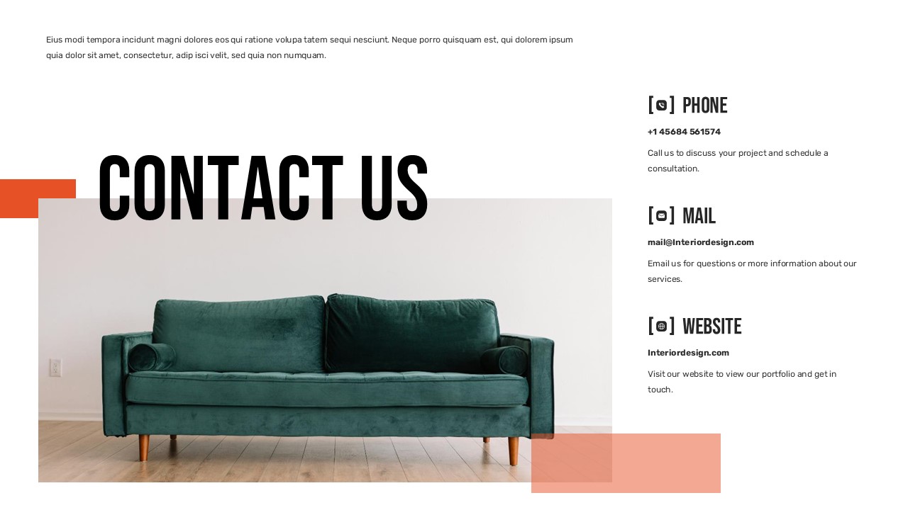Professional contact slide with phone, email, website details alongside modern teal sofa for consultation bookings