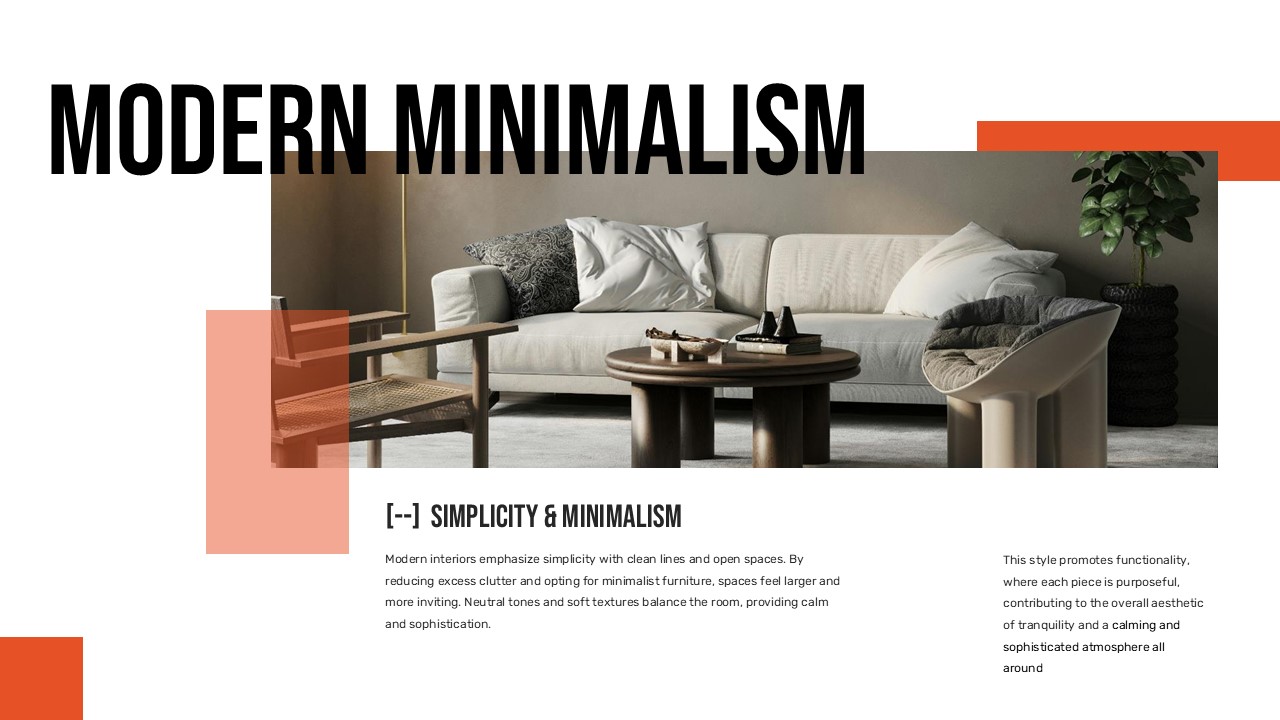 Modern minimalist living space demonstrates simplicity trend with clean lines and neutral palette for design philosophy