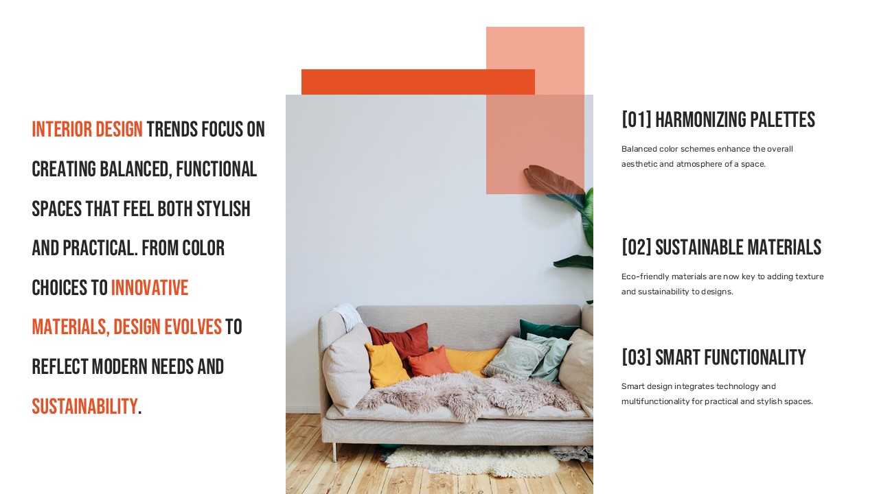 Three-column overview slide breaks down major design trends: harmonizing palettes, sustainable materials, smart functionality