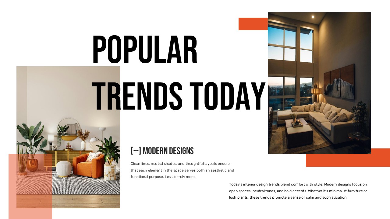 Dynamic layout showcases current popular interior trends with multiple modern room examples and contemporary designs