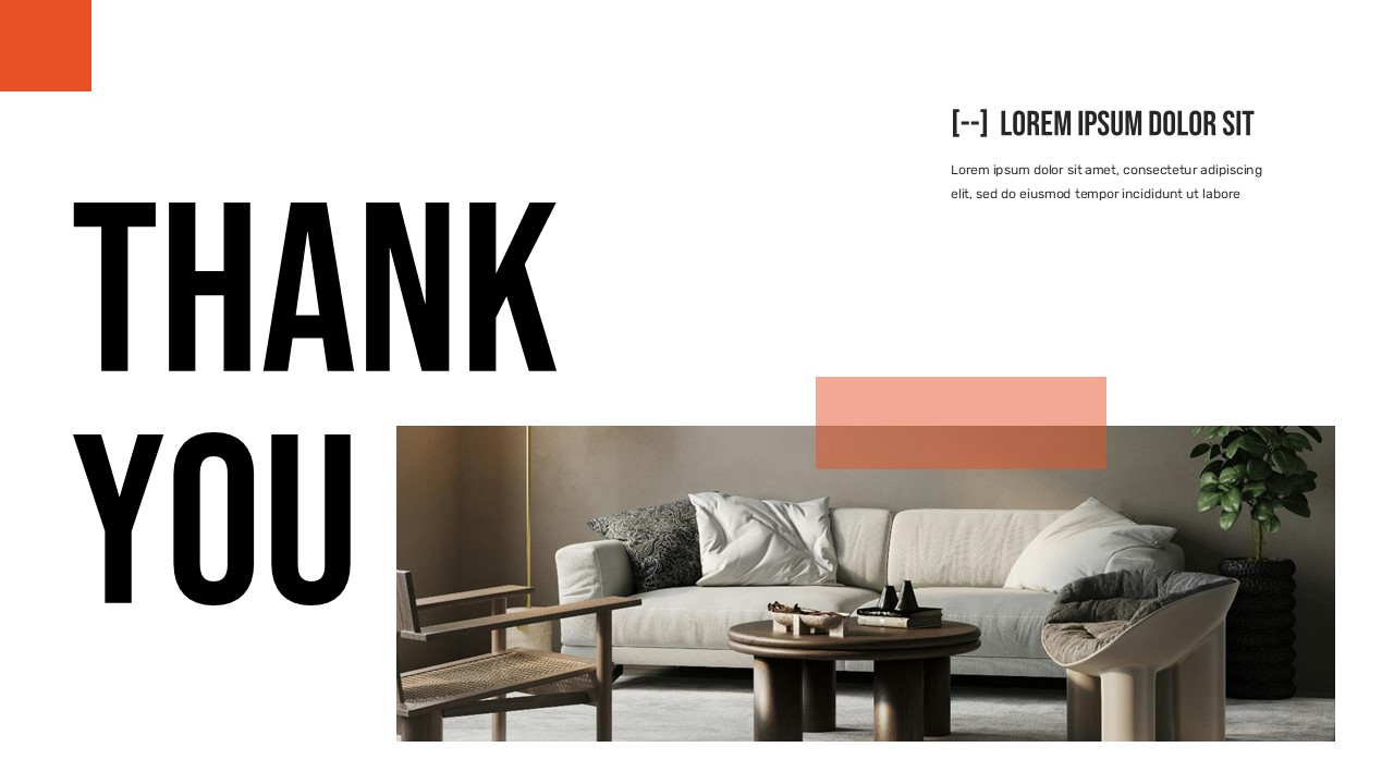 Thank you slide with modern living room imagery closes design presentation professionally while maintaining visual appeal