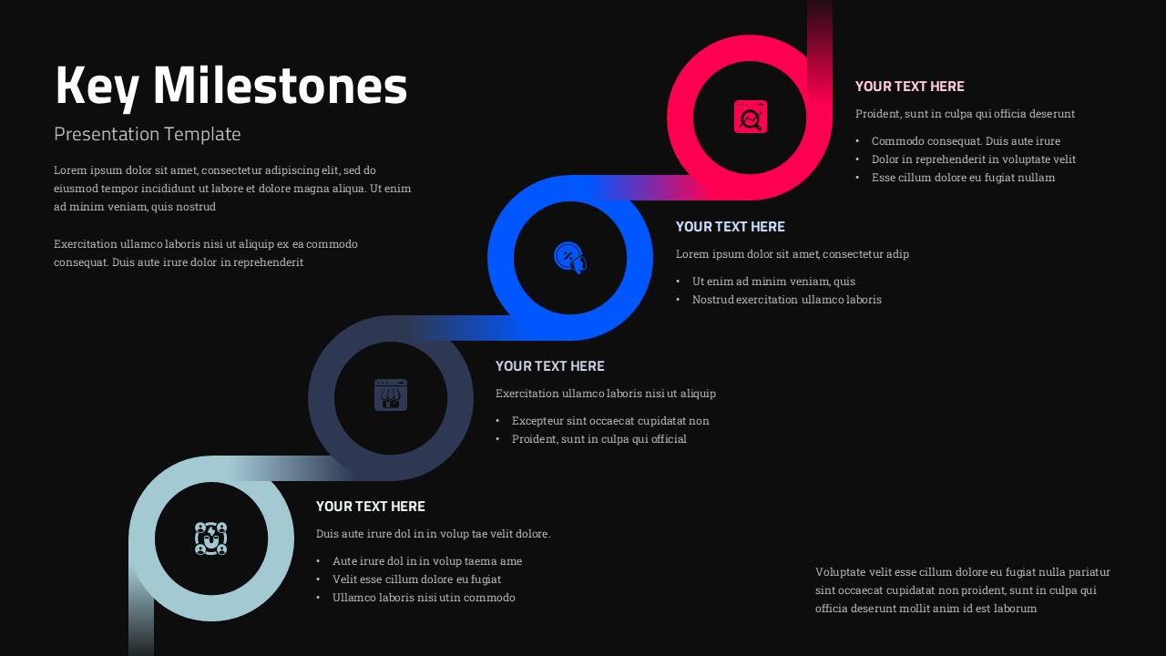 Dark theme Key Milestones template slide with four colorful timeline circles and white text placeholders on black background