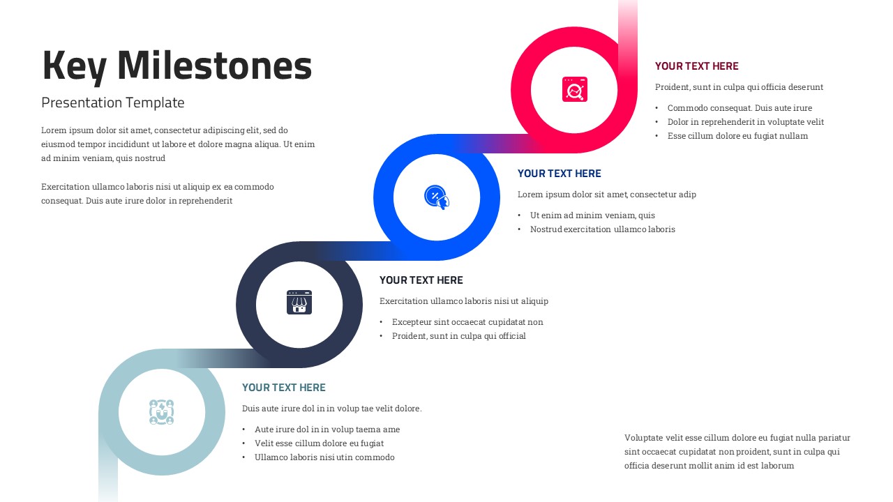 Key Milestones PowerPoint template cover slide with light theme, featuring four colorful timeline circles and text placeholders