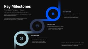 Dark theme Key Milestones template for PowerPoint and Google Slides with 3-step process flow and modern design
