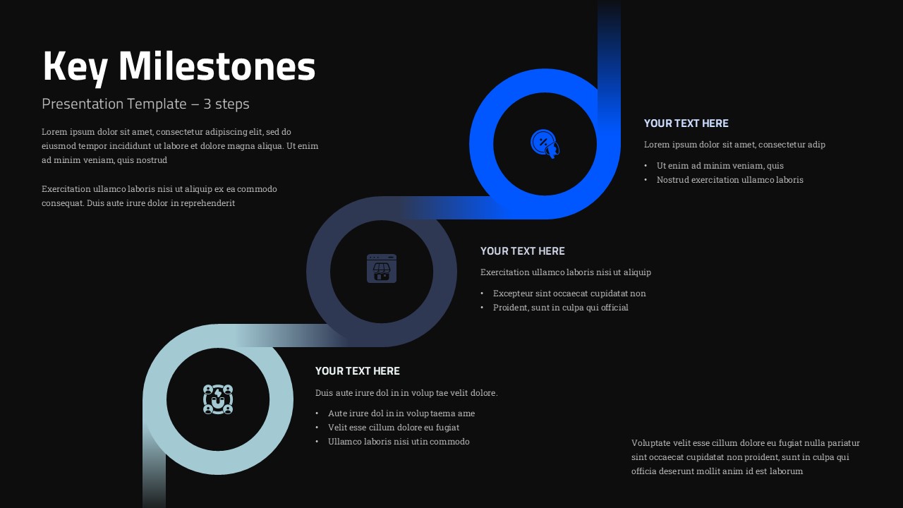 Dark theme Key Milestones template for PowerPoint and Google Slides with 3-step process flow and modern design