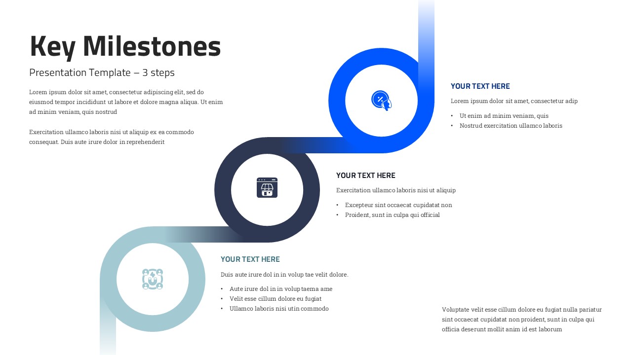 Key Milestones PowerPoint template with 3-step spiral pathway design, clean light theme for project presentations