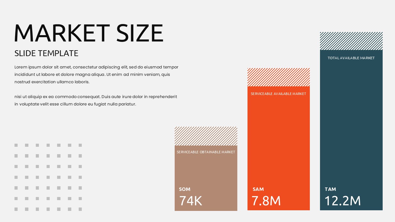 Market size slide template with TAM SAM SOM bar chart on light background
