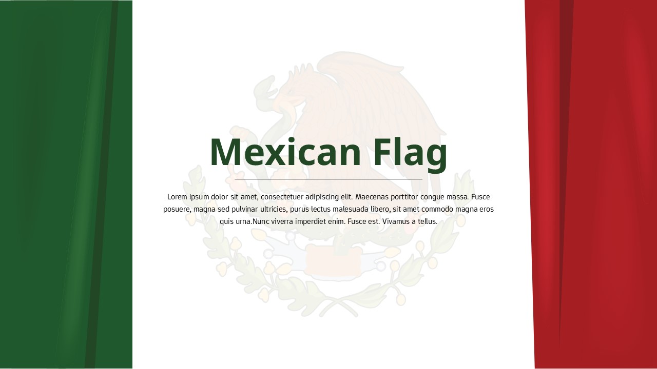 Mexican flag PowerPoint template with tricolor background and centered text placeholders for presentations