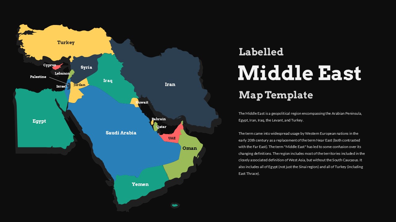 Middle East map PowerPoint template with labeled countries in bright colors on dark black background layout