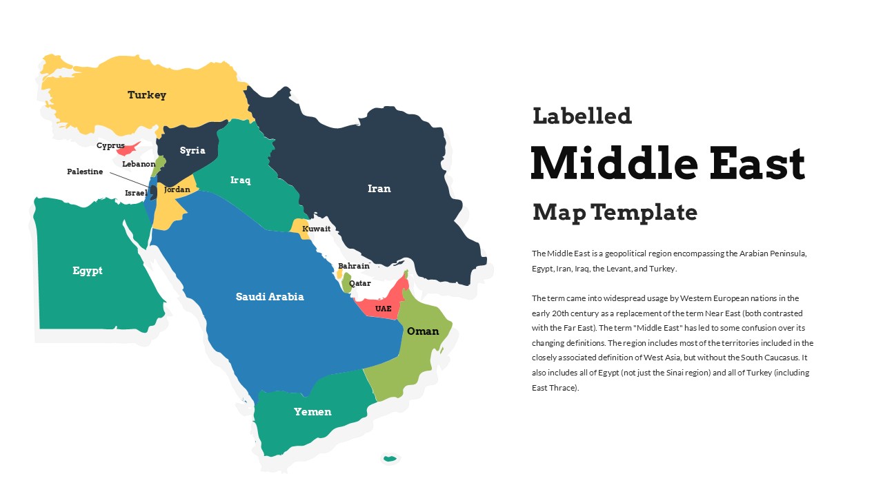 Middle East map template slide with color-coded countries on white background, split layout with text content area