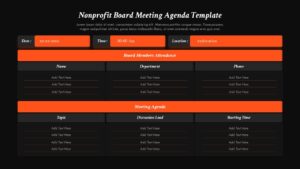 Dark theme nonprofit board meeting agenda template with orange headers and attendance tracking tables