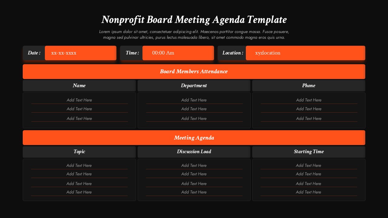 Dark theme nonprofit board meeting agenda template with orange headers and attendance tracking tables
