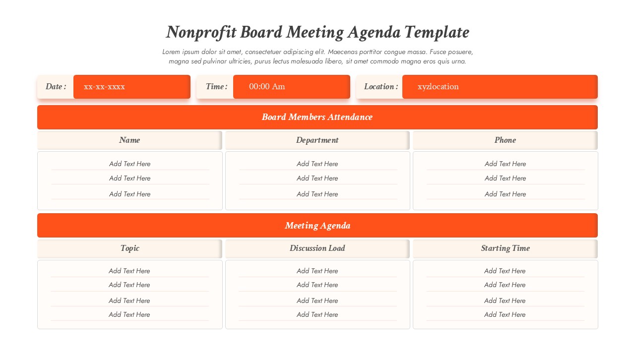 Nonprofit board meeting agenda PowerPoint template with attendance tracking and orange headers on cream background