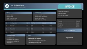 Dark theme invoice template for PowerPoint with professional billing layout and payment details in modern design