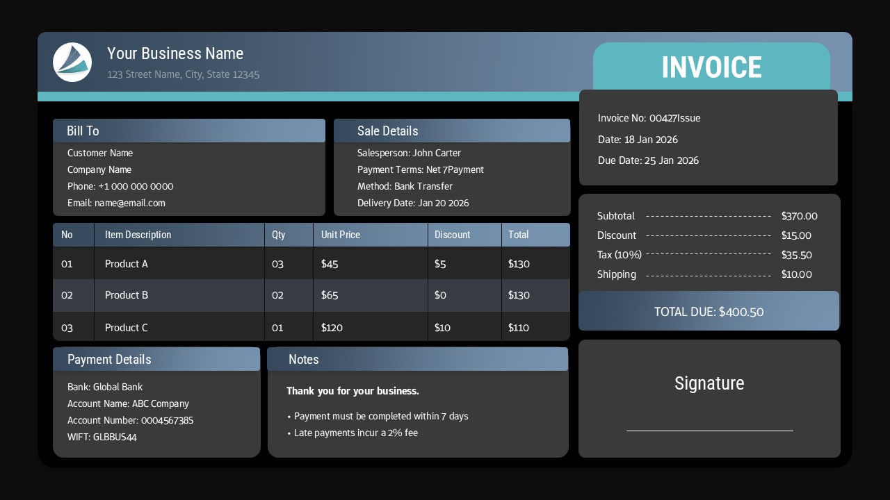 Dark theme invoice template for PowerPoint with professional billing layout and payment details in modern design
