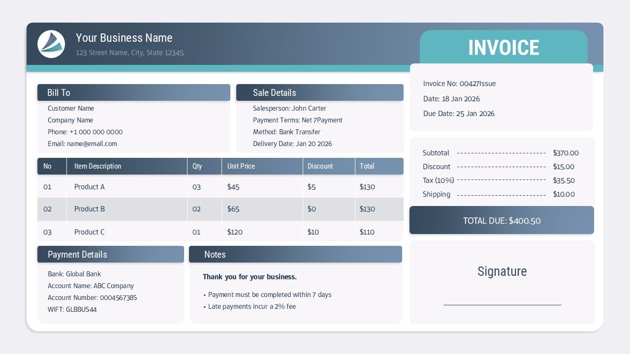 Professional invoice template for PowerPoint with bill of sale layout, customer details, itemized products table