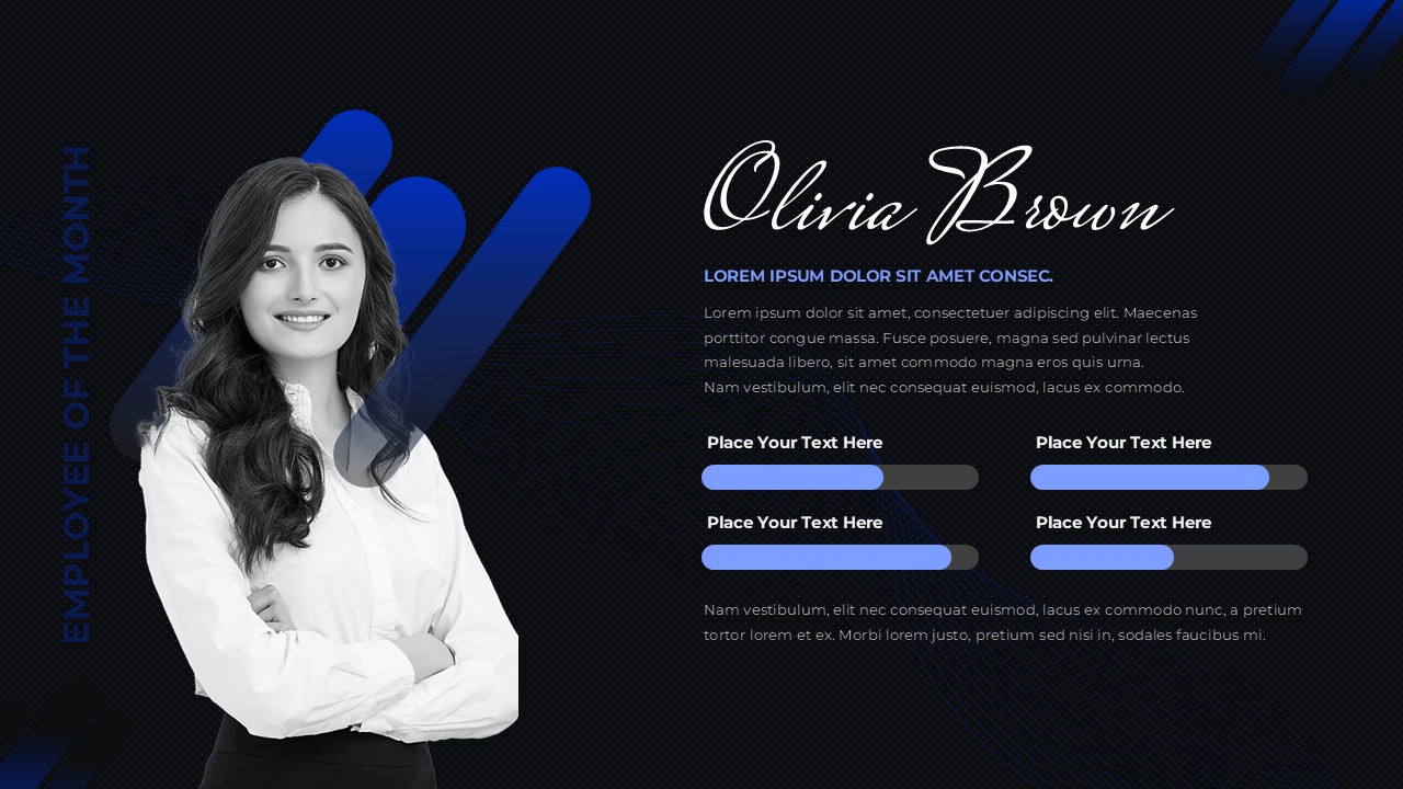 Dark theme professional profile template with portrait and progress bars