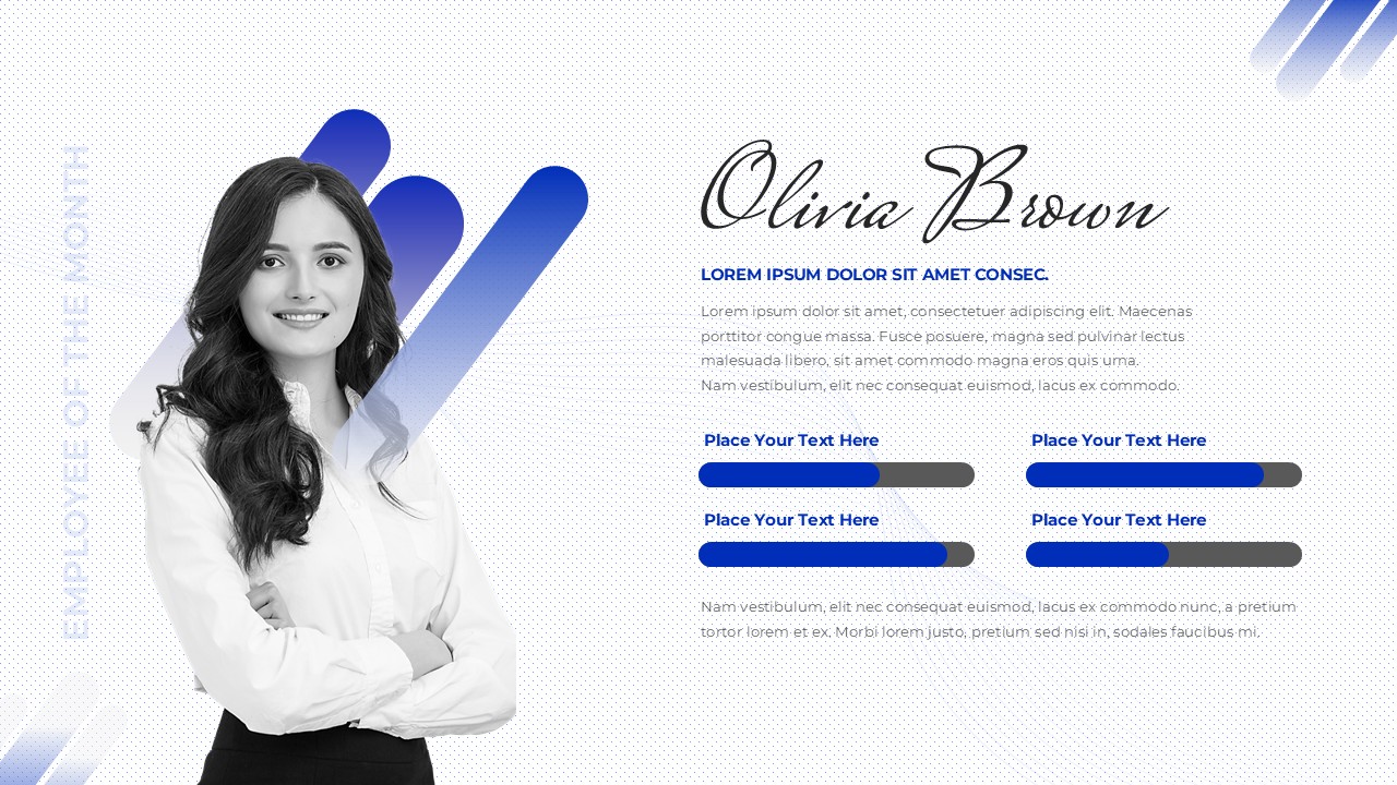 Professional profile slide template with woman portrait and skills bars
