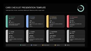 Dark theme project checklist template with kanban-style cards for PowerPoint and Google Slides presentations